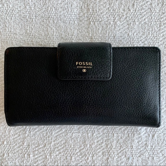 FOSSIL Black Leather Wallet Tab Clutch with Snap